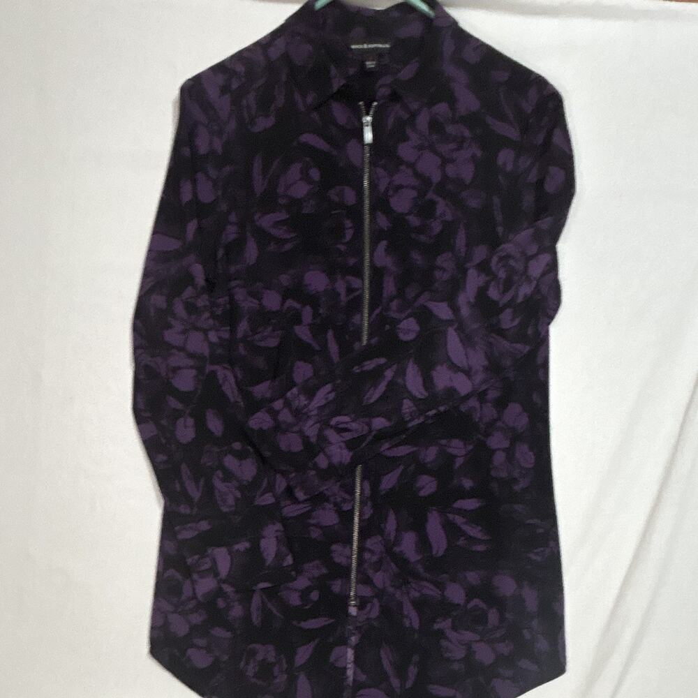 Rock & Republic Women's Blouse S Purple Black Floral Zip Front Collared Top